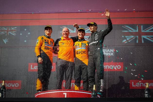 Podium of the race: Lando Norris ahead of Oscar Piastri then George Russel during the Hungarian GP, Budapest 31 July-4 August 2025. Formula 1 World Championship, WM, Weltmeisterschaft 2025.  Copyright: xFedericoxBasile IPAxSportx xipa-agency.netx xx IPA_61619680 IPA_Agency_IPA61619680