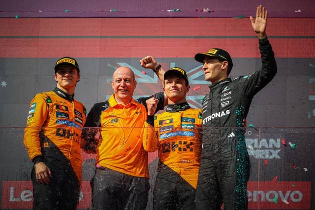 Podium of the race: Lando Norris ahead of Oscar Piastri then George Russel during the Hungarian GP, Budapest 31 July-4 August 2025. Formula 1 World Championship, WM, Weltmeisterschaft 2025.  Copyright: xFedericoxBasile IPAxSportx xipa-agency.netx xx IPA_61619687 IPA_Agency_IPA61619687