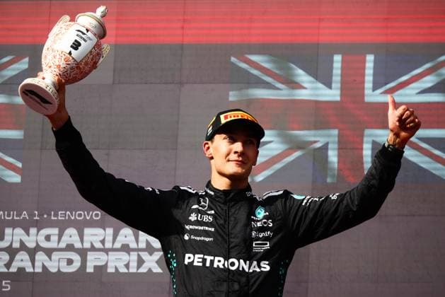 F1 Hungarian Grand Prix George Russell of Mercedes is on the podium after the Formula 1 Hungarian Grand Prix at the Hungaroring circuit in Mogyorod near Budapest on August 3rd, 2025. Budapest Hungary  Copyright: xBeataxZawrzelx originalFilename:zawrzel-f1hungar250803_npGwK.jpg