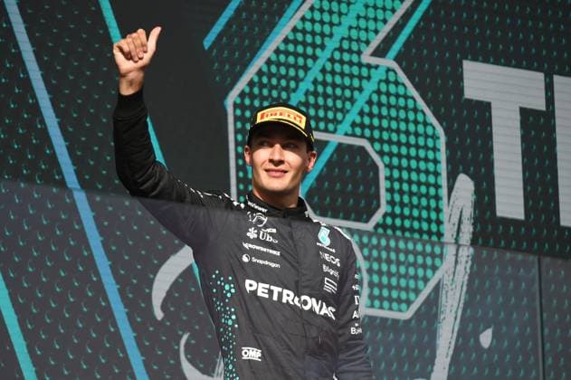 August 3, 2025, Budapest, Budapest, Hungary: George Russell, driver for Mercedes celebrates after finishing 3rd at the Formula One Hungarian Grand Prix, held at the Hungaroring Budapest Hungary - ZUMAs291 20250803_zip_s291_021 Copyright: xBalintxSzentgallayx
