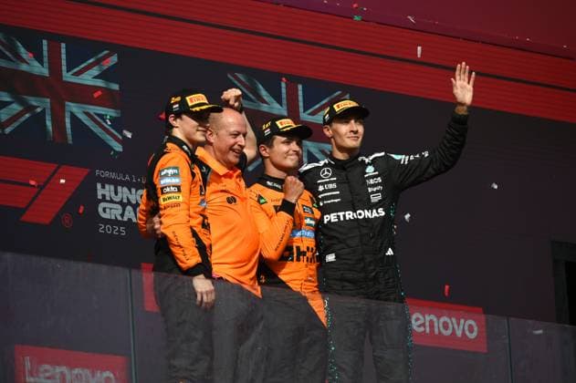 August 3, 2025, Budapest, Budapest, Hungary: Lando Norris, Oscar Piastri and George Russell on the podium after the Formula One Hungarian Grand Prix, held at the Hungaroring Budapest Hungary - ZUMAs291 20250803_zip_s291_025 Copyright: xBalintxSzentgallayx