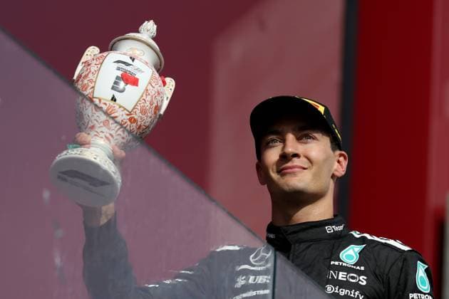 03 08 2025 Hungarian Grand Prix v l George Russell Mercedes AMG Petronas starting number 63 Podium Award Ceremony FIA REGULATIONS PROHIBIT ANY USE OF PHOTOGRAPHS as IMAGE SEQUENCES and or QUASI VIDEO Budapest