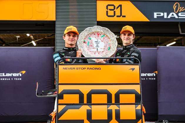 F1 Grand Prix of Hungary 81 Oscar Piastri and 4 Lando Norris of the McLaren Formula 1 Team, McLaren Mercedes MCL39, celebrate the 200th victory as they face the race during the FIA Formula One World Championship, WM, Weltmeisterschaft F1 Hungarian Grand Prix in Budapest, Hungary, on August 3, 2025. Budapest Hungary  Copyright: xLucaxBarsalix originalFilename:barsali-notitle250803_npN9V.jpg