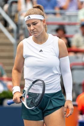 August 3, 2025, Montreal, Quebec, Canada: KAROLINA MUCHOVA (11) from Czech republic reaction in first set against Madison Keys (6) from USA in round of 16 at Canadian Open at IGA stadium in Montreal, Quebec, Canada on 2025-08-03 Montreal Canada - ZUMAl189 20250803_zsp_l189_023 Copyright: xYannickxLegarex