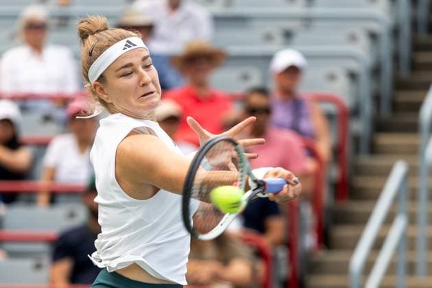 August 3, 2025, Montreal, Quebec, Canada: KAROLINA MUCHOVA (11) from Czech republic forehand in first set against Madison Keys (6) from USA in round of 16 at Canadian Open at IGA stadium in Montreal, Quebec, Canada on 2025-08-03 Montreal Canada - ZUMAl189 20250803_zsp_l189_024 Copyright: xYannickxLegarex