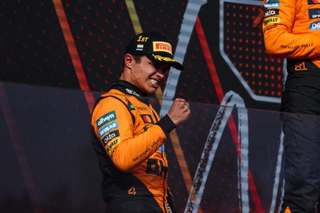 F1 - HUNGARIAN GRAND PRIX 2025 podium NORRIS Lando (gbr), McLaren F1 Team MCL39, portrait during the 2025 Formula 1 Lenovo Hungarian Grand Prix, 14th round of the 2025 FIA Formula One World Championship, WM, Weltmeisterschaft from August 1 to 3, 2025 on the Hungaroring, in Mogyorod, Hungary - MogyorodHungary  Copyright: xANTONINxVINCENTx