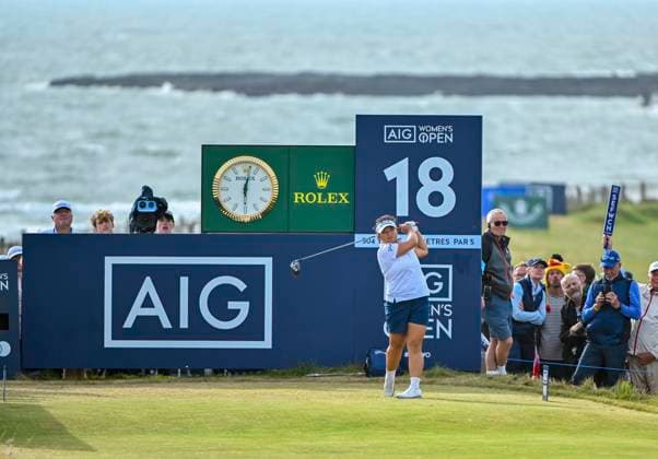 3rd August 2025; Royal Porthcawl Golf Club, Porthcawl, Wales; AIG Womens Open Golf, Final Round; Megan Khang on the 18th tee  AledxHopkins