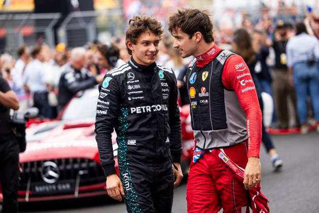 F1 - HUNGARIAN GRAND PRIX 2025 KIMI ANTONELLI Andrea (ita), Mercedes AMG F1 Team W16, LECLERC Charles (mco), Scuderia Ferrari SF-25, portrait during the 2025 Formula 1 Lenovo Hungarian Grand Prix, 14th round of the 2025 FIA Formula One World Championship, WM, Weltmeisterschaft from August 1 to 3, 2025 on the Hungaroring, in Mogyorod, Hungary - MogyorodHungary Copyright: xJulienxDelfossex