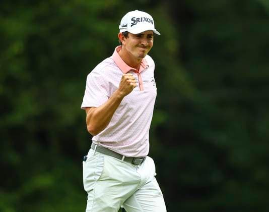 August 3, 2025: Nico Echavarria sinks birdie on 3rd hole. Fourth round, 2025 Wyndham Championship, Sedgefield Country Club in Greensboro, North Carolina. CSM Greensboro United States of America - ZUMAc04_ 20250803_zma_c04_003 Copyright: xDavidxBeachx