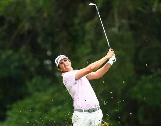 August 3, 2025: Nico Echavarria hitting ball on second hole..Fourth round, 2025 Wyndham Championship, Sedgefield Country Club in Greensboro, North Carolina. CSM Greensboro United States of America - ZUMAc04_ 20250803_zma_c04_029 Copyright: xDavidxBeachx