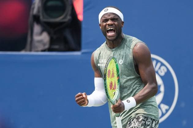 ATP, Tennis Herren Masters 1000 National Bank Open Toronto Presented by Rogers 2025 - Day 9 Frances Tiafoe of the United States of America celebrates to wins the second set against Alex De Minaur of Australia during the Men s Singles round of 16 match on day 9 of the ATP Masters 1000 National Bank Open at Sobeys Stadium. on August 3, 2025 in Toronto, Canada. (Photo by Leonardo Ramirez Eyepix Group) Copyright: xLeonardoxRamirezx xEyepixxGroupx LR-01082025-06814