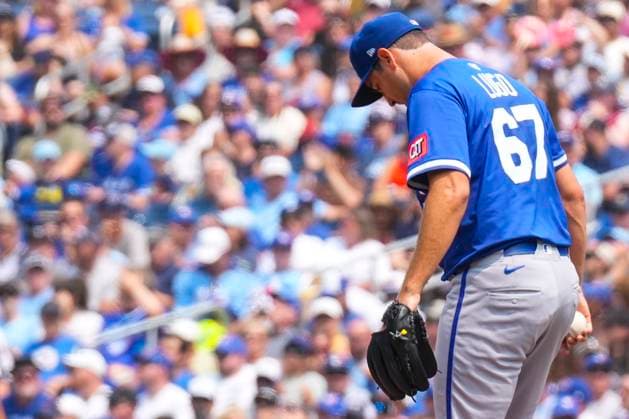 August 3, 2025, Toronto, On, CANADA: Kansas City Royals pitcher Seth Lugo (67) reacts during second inning MLB, Baseball Herren, USA baseball action against Toronto Blue Jays in Toronto on Sunday August 3, 2025. Seth Lugo  - ZUMAc35_ 20250803_zaf_c35_054 Copyright: xChrisxYoungx