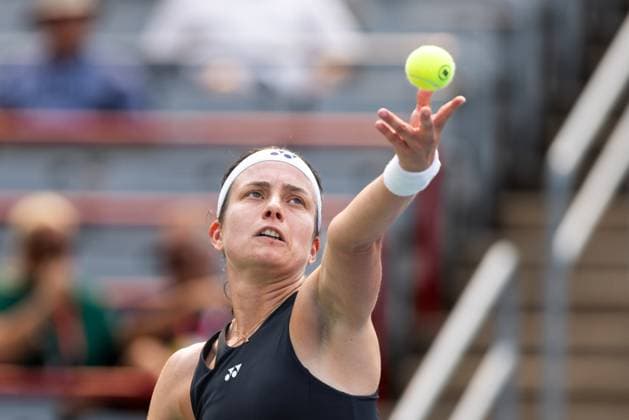 August 3, 2025, Montreal, Quebec, Canada: ANASTASIJA SEVASTOVA from Latvia serving in first set against Naomi Osaka from Japan in round of 16 at Canadian Open at IGA stadium in Montreal, Quebec, Canada on 2025-08-03 Montreal Canada - ZUMAl189 20250803_zsp_l189_072 Copyright: xYannickxLegarex