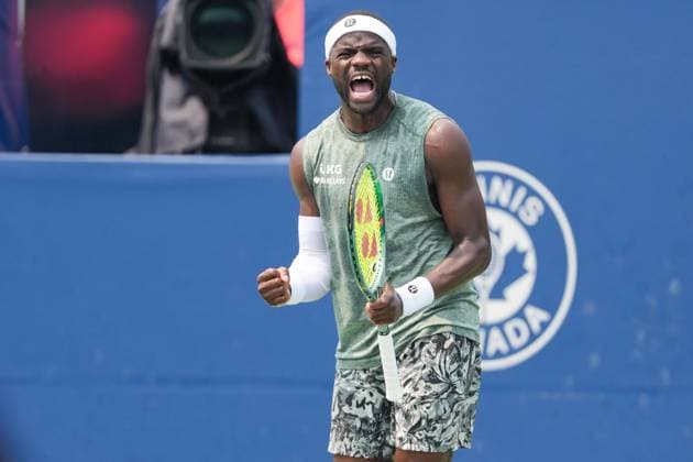 August 3, 2025, Toronto, Ontario, Canada: Frances Tiafoe of the United States of America celebrates to wins the second set against Alex De Minaur of Australia during the Men s Singles round of 16 match on day 9 of the ATP, Tennis Herren Masters 1000 National Bank Open at Sobeys Stadium. on August 3, 2025 in Toronto, Canada. Toronto Canada - ZUMAe321 20250803_zsa_e321_071 Copyright: xLeonardoxRamirezx