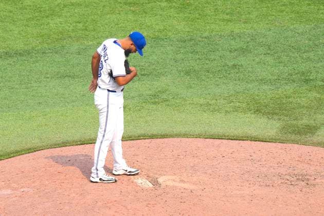 August 3, 2025, Toronto, On, CAN: Toronto Blue Jays pitcher Seranthony DomoÂ­nguez (48) reacts after Kansas City Royals Tyler Tolbert hits a two run RBI single during tenth inning MLB, Baseball Herren, USA baseball action in Toronto on Sunday August 3, 2025. Seranthony DomoÂ­Nguez  - ZUMAc35_ 20250803_zaf_c35_086 Copyright: xChrisxYoungx