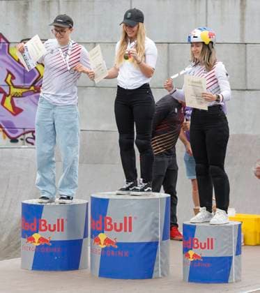 03 08 2025 BMX German Freestyle Championship 2025 in Park and Flatland at Bikepark Darmstadt here award ceremony Freestyle Park Elite with Lillyana SEIDLER 2nd place Kim Lea MÜLLER 1st place Lara LESSMANN 3rd place Darmstadt Hessen Germany