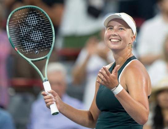 August 3, 2025, Montreal, Pq, Canada: Clara Tauson of Denmark reacts following her win over Iga Swiatek of Poland during round of 16 tennis action at the National Bank Open in Montreal, Sunday, Aug. 3, 2025. Canada News - August 3, 2025  - ZUMAc35_ 20250803_zaf_c35_181 Copyright: xChristinnexMuschix