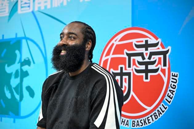 GUANGZHOU, CHINA - AUGUST 04: Los Angeles Clippers star James Harden speaks in an interview at the Nansha Men s Basketball League match during his weeklong trip to China on August 4, 2025 in Guangzhou, Guangdong Province of China.  Copyright: xChinaxNewsxServicex 111583321383