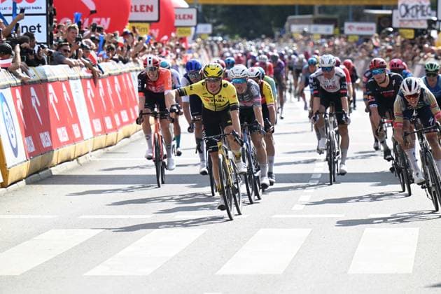 04-08-2025 Tour De Pologne; Tappa 01 Wroclaw - Legnica; 2025, Visma - Lease A Bike; 2025, Alpecin - Deceuninck; 2025, Soudal - Quick Step; Kooij, Olav; Plowright, Jensen; Magnier, Paul; Legnica; 