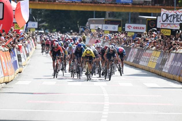 04-08-2025 Tour De Pologne; Tappa 01 Wroclaw - Legnica; 2025, Visma - Lease A Bike; 2025, Alpecin - Deceuninck; 2025, Soudal - Quick Step; Kooij, Olav; Plowright, Jensen; Magnier, Paul; Legnica; 