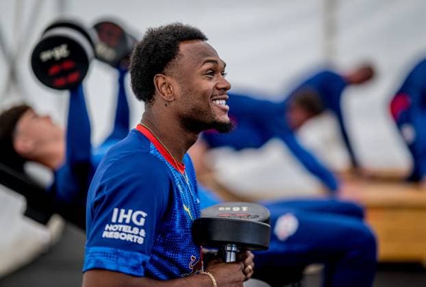Leipzigs Lois Openda during fitness training at the RB Leipzig training camp gym in Donaueschingen Aasen on July 28, 2025 SV Aasen sports ground, Donaueschingen RB Leipzig training camp