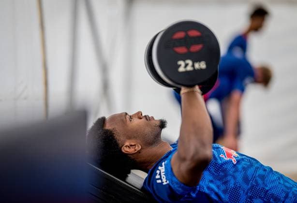 Leipzigs Lois Openda during fitness training at the RB Leipzig training camp gym in Donaueschingen Aasen on July 28, 2025 SV Aasen sports ground, Donaueschingen RB Leipzig training camp