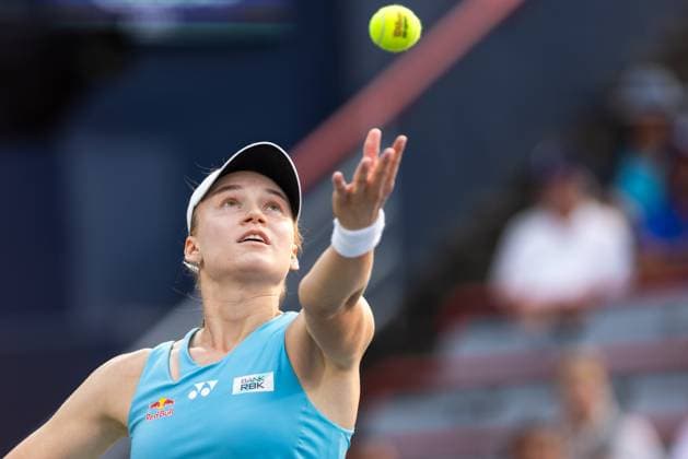 August 4, 2025, Montreal, Quebec, Canada: ELENA RYBAKNA (9) from Kazakhstan serving in first set against Marta Kostyuk (24) from Ukraine in quarter final at Canadian Open at IGA stadium in Montreal, Quebec, Canada on 2025-08-04 Montreal Canada - ZUMAl189 20250804_zsp_l189_020 Copyright: xYannickxLegarex