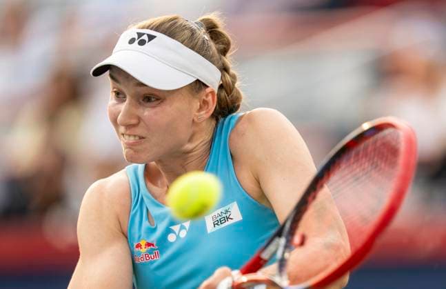 August 4, 2025, Montreal, Pq, Canada: Elena Rybakina of Kazakhstan hits a return to Marta Kostyuk of Ukraine during quarterfinal tennis action at the National Bank Open in Montreal, Monday, Aug. 4, 2025. Canada News - August 4, 2025  - ZUMAc35_ 20250804_zaf_c35_032 Copyright: xChristinnexMuschix