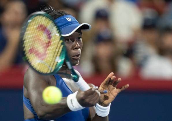 August 4, 2025, Montreal, Pq, Canada: Victoria Mboko of Canada hits a return to Jessica Bouzas Maneiro of Spain during quarterfinal tennis action at the National Bank Open in Montreal, Monday, Aug. 4, 2025. Canada News - August 4, 2025  - ZUMAc35_ 20250804_zaf_c35_073 Copyright: xChristinnexMuschix