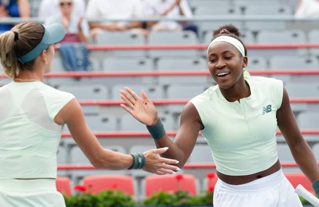 (250805) -- MONTREAL, Aug. 5, 2025 -- Coco Gauff(R) McCartney Kessler of the United States celebrate after winning the semifinal of the women s doubles match between Coco Gauff McCartney Kessler of the United States and Olga Danilovic (Serbia) Hsieh Su-Wei (Chinese Taipei) at the 2025 National Bank Open tennis tournament in Montreal, Canada, on Aug. 4, 2025. (Photo by Xinhua) (SP)CANADA-MONTREAL-TENNIS-NATIONAL BANK OPEN-WOMEN S DOUBLES-SEMIFINALS LixHaitao 