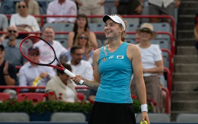 (250805) -- MONTREAL, Aug. 5, 2025 -- Elena Rybakina of Kazakhstan celebrates victory after the women s singles quarterfinal match between Elena Rybakina of Kazakhstan and Marta Kostyuk of Ukraine at the 2025 National Bank Open tennis tournament in Montreal, Canada, on Aug. 4, 2025. (Photo by Xinhua) (SP)CANADA-MONTREAL-TENNIS-NATIONAL BANK OPEN-WOMEN S SINGLES-QUARTERFINALS LixHaitao 
