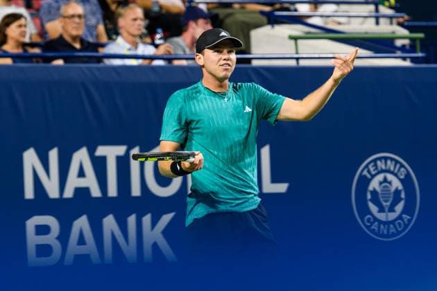 August 4, 2025, Toronto, Ontario, Canada: ALEX MICHELSEN of the US reacts during his match against KAREN KHACHANOV at the National Bank Open Presented by Rogers at Sobeys Stadium. Toronto Canada - ZUMAr228 20250804_znp_r228_031 Copyright: xVasiliyxRyabykhx