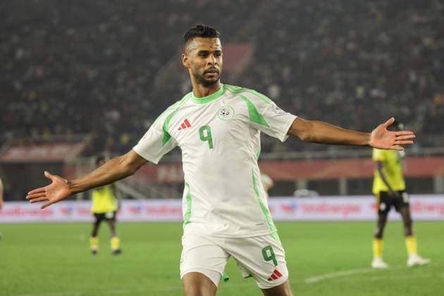 (250805) -- KAMPALA, Aug. 5, 2025 -- Soufiane Bayazid of Algeria celebrates after scoring during the group C match between Uganda and Algeria at the African Nations Championship (CHAN) 2024 at Mandela National Stadium in Kampala, capital of Uganda, on Aug. 4, 2025. (Photo by Xinhua) (SP)UGANDA-KAMPALA-CHAN 2024-GROUP C-UGANDA VS ALGERIA HajarahxNalwadda 
