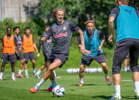 SOCCER - UEFA CL, RBS vs Brugge SALZBURG,AUSTRIA,05.AUG.25 - SOCCER - UEFA Champions League, qualification, Red Bull Salzburg vs Club Brugge, preview, training RBS. Image shows Maurits Kjaergaard (RBS).  GEPAxpictures xWolfgangxKofler