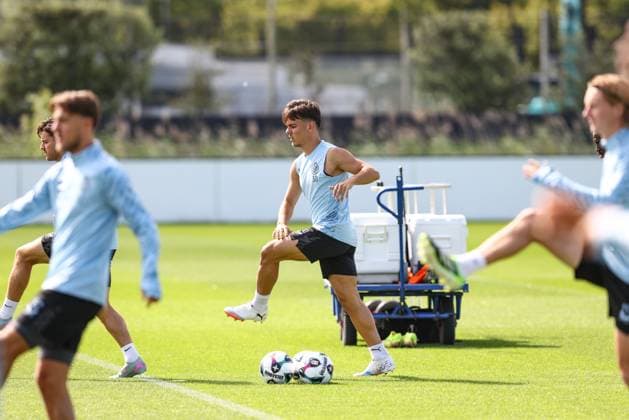 Club s Ardon Jashari pictured during a training session of Belgian soccer team Club Brugge, on Tuesday 05 August 2025 in Brugge. The team will play tomorrow the first leg of the third qualifying round for the UEFA Champions League competition against Austrian team FC Salzburg. BRUNOxFAHY  x130675921x