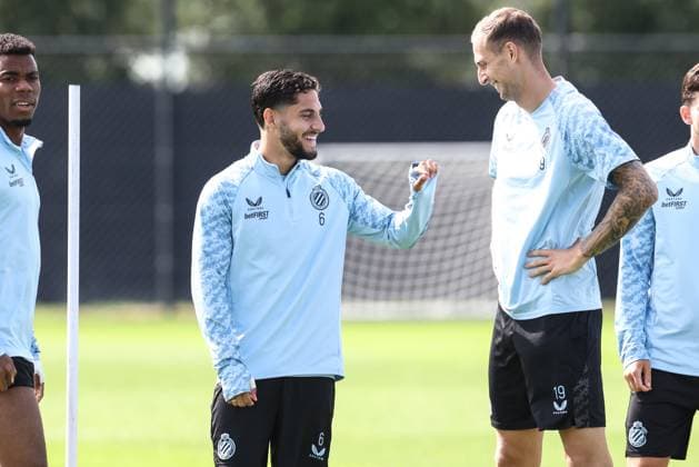 Club s Ludovit Reis and Club s Gustaf Nilsson pictured during a training session of Belgian soccer team Club Brugge, on Tuesday 05 August 2025 in Brugge. The team will play tomorrow the first leg of the third qualifying round for the UEFA Champions League competition against Austrian team FC Salzburg. BRUNOxFAHY  x130676063x