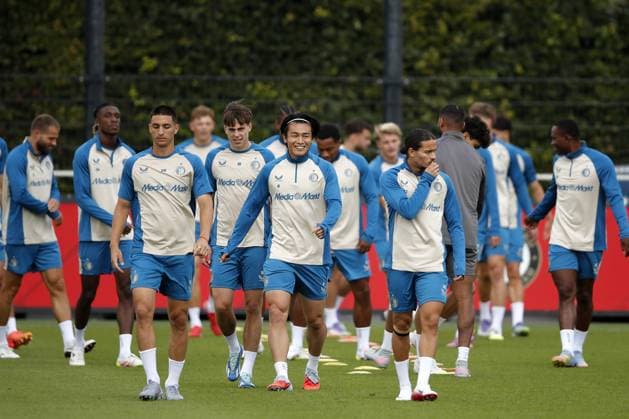 ROTTERDAM - Ezequiel Bullaude of Feyenoord, Ayase Ueda of Feyenoord, Anis Hadj Moussa of Feyenoord during a training session at training complex 1908, prior to the third qualifying round Champions League match between Feyenoord and FenerbahoÂße, on Aug. 5, 2025 in Rotterdam, Netherlands. ANP BART STOUTJESDIJK xVIxANPxSportx xxANPxIVx 532855713 originalFilename: 532855713.jpg