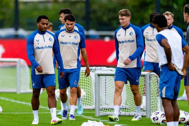 UEFA Champions League 2025-2026: training of Feyenoord Rotterdam - Quinten Timber of Feyenoord, Julian Carranza of Feyenoord, Thijs Kraaijeveld of Feyenoord during the training of Feyenoord in preparation of the UEFA Champions League qualification duel against Fenerbahce SK at Trainingscomplex 1908 on 5 August 2025 in Rotterdam, The Netherlands. Copyright: xYannickxVerhoevenx