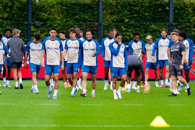UEFA Champions League 2025-2026: training of Feyenoord Rotterdam - Ezequiel Bullaude of Feyenoord, Leo Sauer of Feyenoord, Ayase Ueda of Feyenoord, Anis Hadj Moussa of Feyenoord during the training of Feyenoord in preparation of the UEFA Champions League qualification duel against Fenerbahce SK at Trainingscomplex 1908 on 5 August 2025 in Rotterdam, The Netherlands. Copyright: xYannickxVerhoevenx