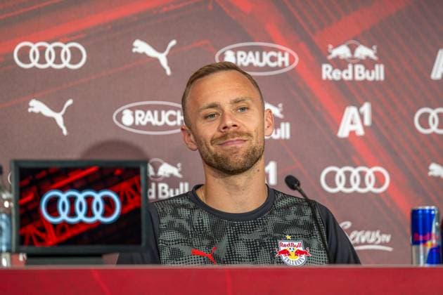 SOCCER - UEFA CL, RBS vs Brugge SALZBURG,AUSTRIA,05.AUG.25 - SOCCER - UEFA Champions League, qualification, Red Bull Salzburg vs Club Brugge, preview, press conference, PK, Pressekonferenz RBS. Image shows Alexander Schlager (RBS).  GEPAxpictures xWolfgangxKofler