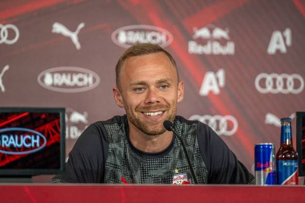 SOCCER - UEFA CL, RBS vs Brugge SALZBURG,AUSTRIA,05.AUG.25 - SOCCER - UEFA Champions League, qualification, Red Bull Salzburg vs Club Brugge, preview, press conference, PK, Pressekonferenz RBS. Image shows Alexander Schlager (RBS).  GEPAxpictures xWolfgangxKofler