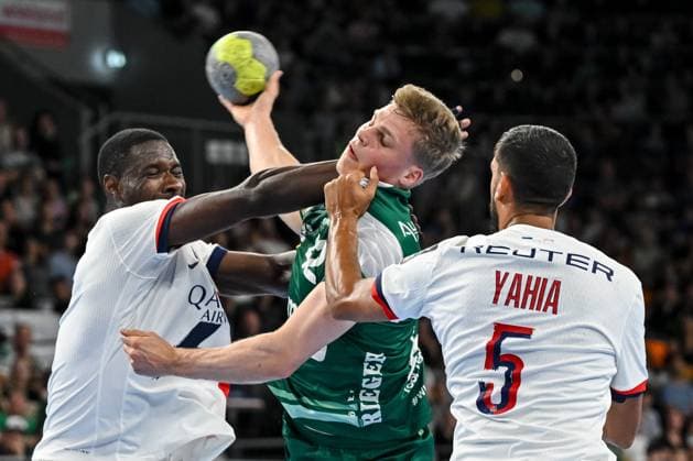 Karl Konan Paris Saint Germain , Martin Hanne FRISCH AUF Goeppingen and Yahia Omar Paris Saint Germain battle for the ball during the Handball Friendly match between Frisch Auf Göppingen and Paris Saint Germain at ratiopharm Arena on August 5, 2025 in Neu Ulm, Germany Photo by Harry Langer DeFodi Images