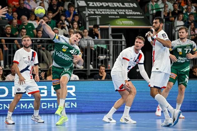 Luc Steins Paris Saint Germain , Elias Newel FRISCH AUF Goeppingen and Emil Mellegaerd Paris Saint Germain battle for the ball during the Handball Friendly match between Frisch Auf Göppingen and Paris Saint Germain at ratiopharm Arena on August 5, 2025 in Neu Ulm, Germany Photo by Harry Langer DeFodi Images