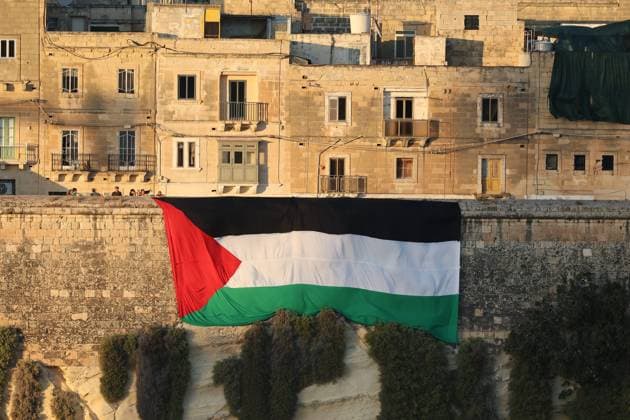 A Palestinian flag is displayed on a Senglea fortification during the the UEFA Europa League Third qualifying round, 1st leg soccer match between Hamrun Spartans FC and Maccabi Tel Aviv FC at the Tony Bezzina Stadium, in Paola, Malta, on 05 August 2025. UEFA Europa League - Hamrun Spartans FC v Maccabi Tel Aviv FC