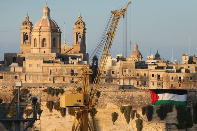 A Palestinian flag is displayed on a Senglea fortification during the the UEFA Europa League Third qualifying round, 1st leg soccer match between Hamrun Spartans FC and Maccabi Tel Aviv FC at the Tony Bezzina Stadium, in Paola, Malta, on 05 August 2025. UEFA Europa League - Hamrun Spartans FC v Maccabi Tel Aviv FC