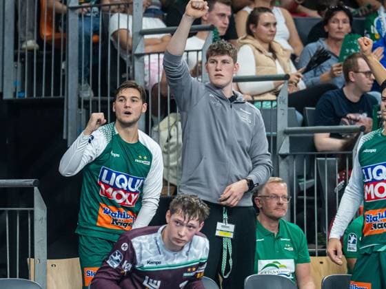 Ludvig Hallbaeck Frisch Auf Goeppingen, 20 cheers after scoring a goal for his team, Frisch Auf Goeppingen vs Paris Saint Germain, Handball, Test match, Men, 2025 2026 season, 05 08 2025, Frisch Auf Goeppingen vs Paris Saint Germain, Handball, Test match, Men, 2025 2026 season, 05 08 2025 Neu Ulm Copyright: xEibner-Pressefoto MichaelxSchmidx EP_MST
