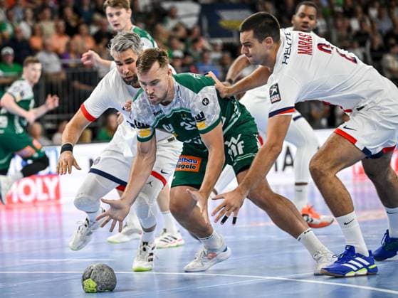 Luka Karabatic Paris Saint Germain , Ludvig Jurmala Astroem FRISCH AUF Goeppingen and Mateo Maras Paris Saint Germain battle for the ball during the Handball Friendly match between Frisch Auf Göppingen and Paris Saint Germain at ratiopharm Arena on August 5, 2025 in Neu Ulm, Germany Photo by Harry Langer DeFodi Images