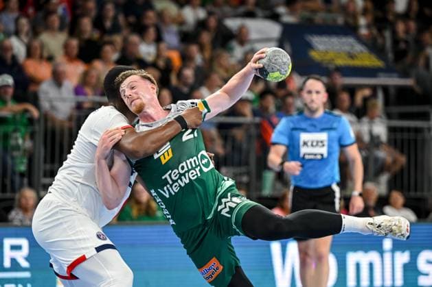 Gautier Loredon Paris Saint Germain and Erik Persson FRISCH AUF Goeppingen battle for the ball during the Handball Friendly match between Frisch Auf Göppingen and Paris Saint Germain at ratiopharm Arena on August 5, 2025 in Neu Ulm, Germany Photo by Harry Langer DeFodi Images
