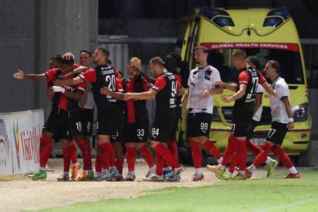 N Dri Philippe Koffi (left) of Hamrun Spartans celebrates scoring the 1-0 goal with team mates during the the UEFA Europa League Third qualifying round, 1st leg soccer match between Hamrun Spartans FC and Maccabi Tel Aviv FC at the Tony Bezzina Stadium, in Paola, Malta, on 05 August 2025. UEFA Europa League - Hamrun Spartans FC v Maccabi Tel Aviv FC