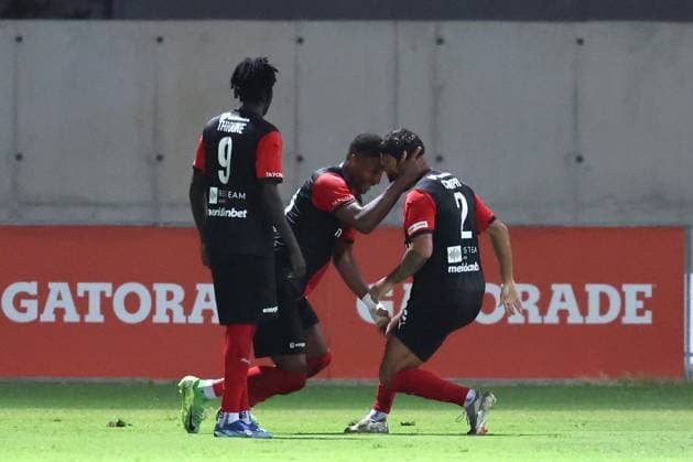 N Dri Philippe Koffi of Hamrun Spartans celebrates scoring the 1-0 goal with team mate Rafael Compri during the the UEFA Europa League Third qualifying round, 1st leg soccer match between Hamrun Spartans FC and Maccabi Tel Aviv FC at the Tony Bezzina Stadium, in Paola, Malta, on 05 August 2025. UEFA Europa League - Hamrun Spartans FC v Maccabi Tel Aviv FC